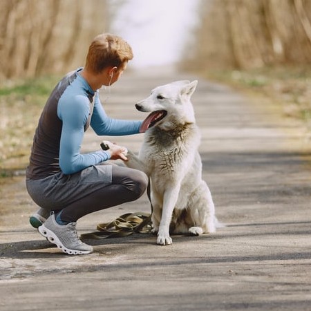 guy on knees in jogging gear petting dog